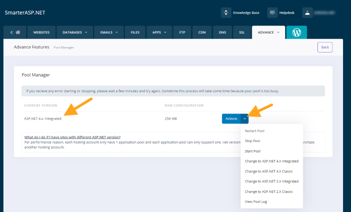 smarterasp.net control panel pool manager