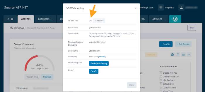 smarterasp.net control panel web deploy