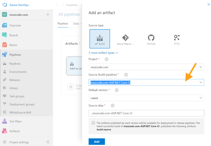 azure devops releases add artifact select source