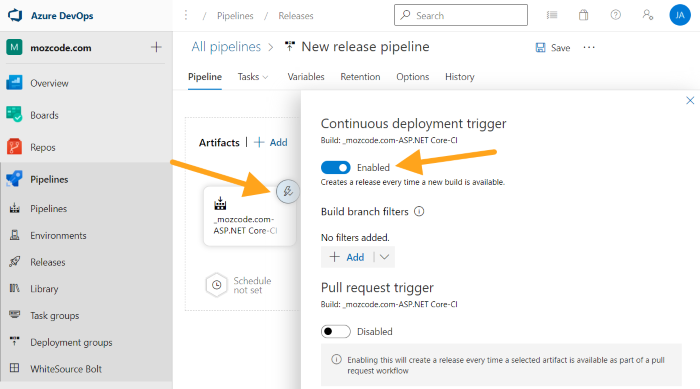 azure devops releases set continuous trigger