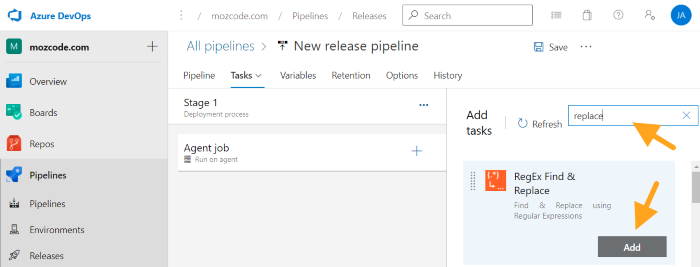 azure devops releases add replace task