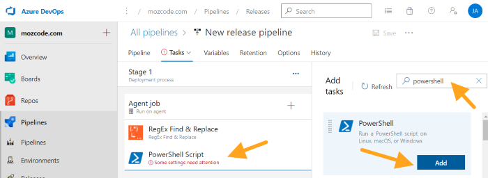 azure devops releases add PowerShell task