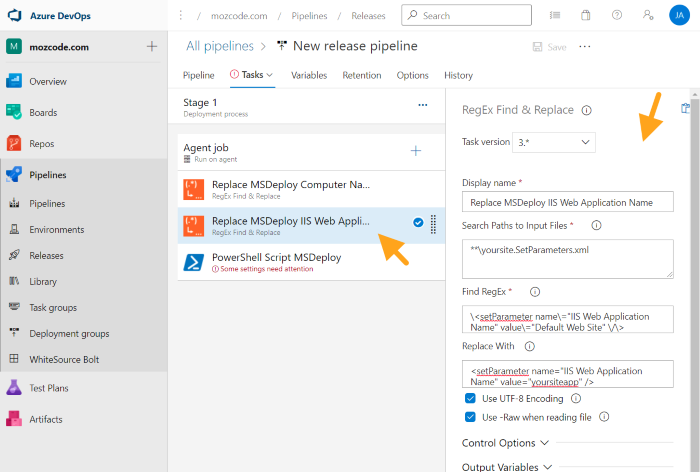azure devops releases add task settings