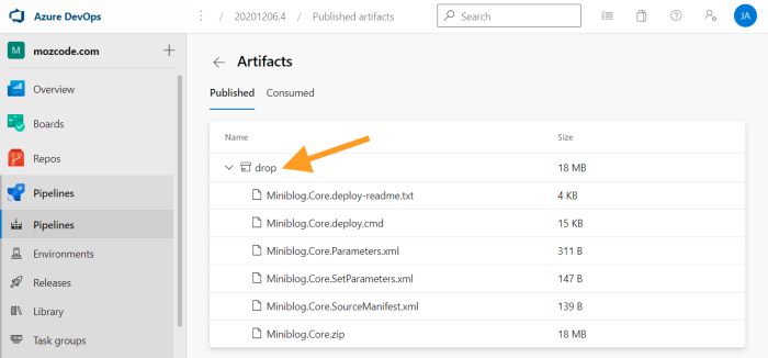 azure devops build artifact files